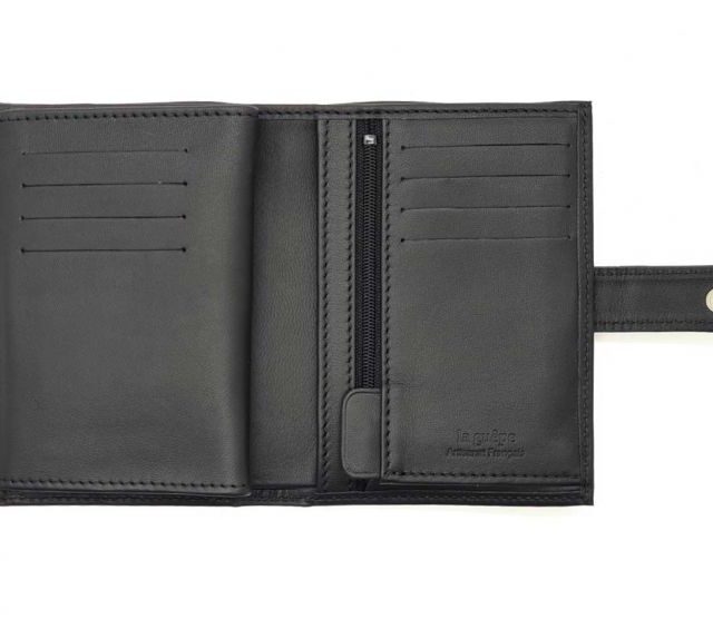La Guêpe - Petite Maroquinerie - Portefeuille "Luxe" en cuir noir fermeture patte - 13 cm 4 volets - PM-016-01