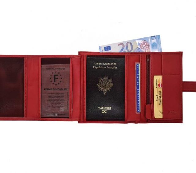 La Guêpe - Petite Maroquinerie - Portefeuille "Luxe" en cuir rouge avec patte - 15 cm 4 volets - PM-020-01