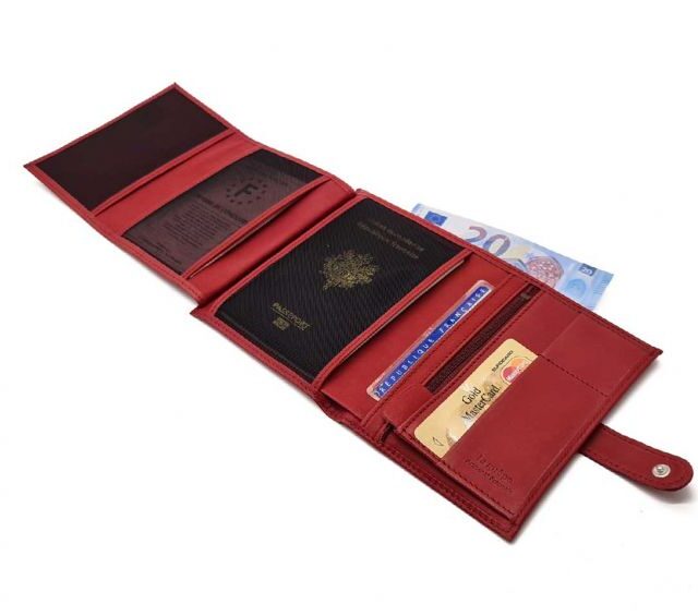 La Guêpe - Petite Maroquinerie - Portefeuille "Luxe" en cuir rouge avec patte - 15 cm 4 volets - PM-020-01