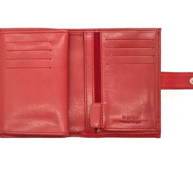 La Guêpe - Petite Maroquinerie - Portefeuille "Luxe" en cuir rouge fermeture patte - 13 cm 4 volets - PM-016-01