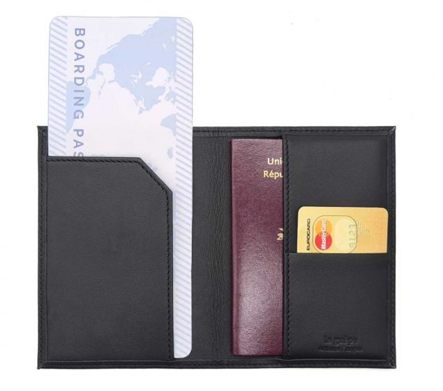La Guêpe - Petite Maroquinerie - Protège passeport "Luxe" en cuir noir - avec porte billet avion - PM-033-01