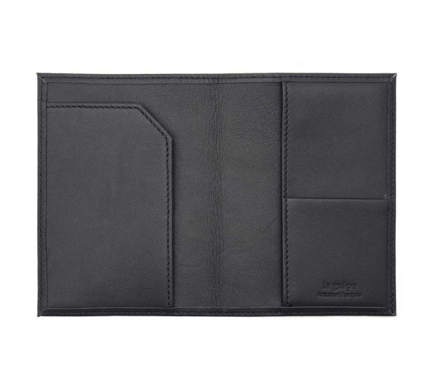 La Guêpe - Petite Maroquinerie - Protège passeport "Luxe" en cuir noir - avec porte billet avion - PM-033-01