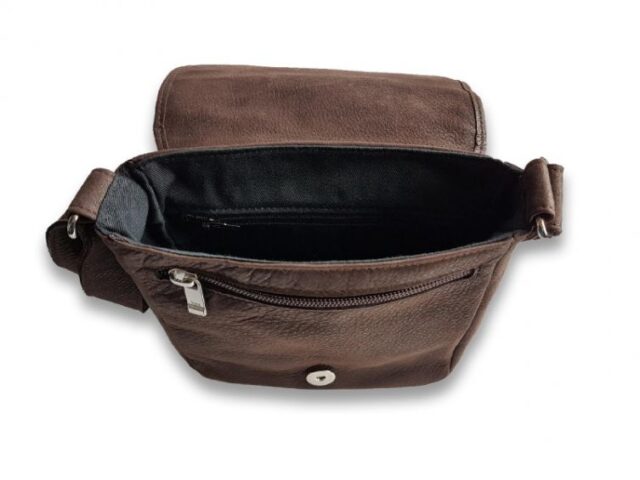 La Guêpe - Petite Maroquinerie - Sacoche bandoulière à rabat en cuir nubuck marron