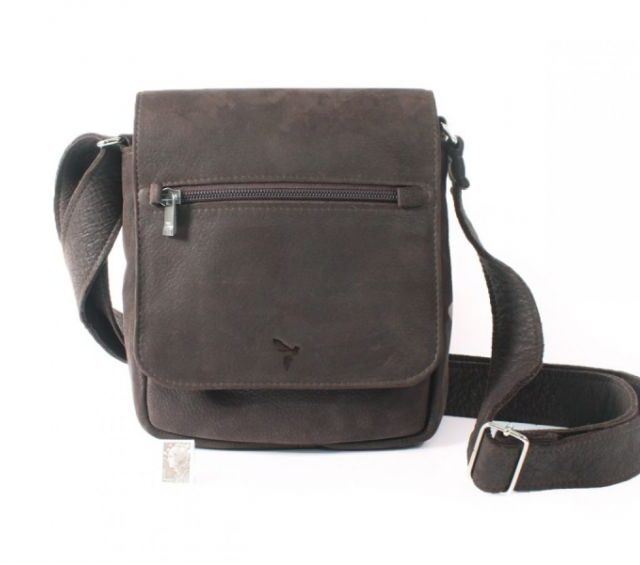 La Guêpe - Petite Maroquinerie - Sacoche bandoulière à rabat en cuir nubuck marron