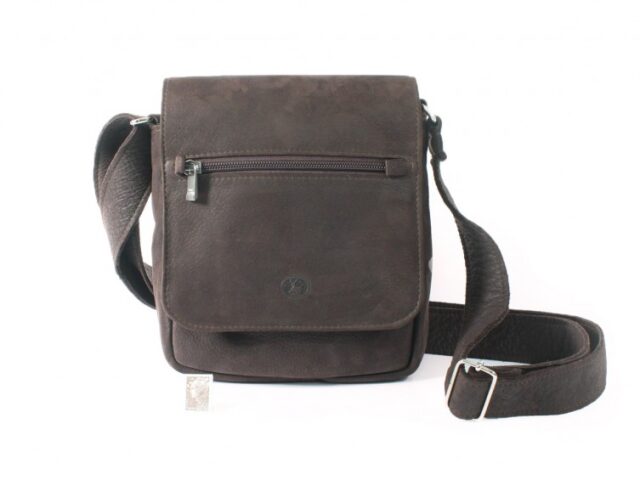 La Guêpe - Petite Maroquinerie - Sacoche bandoulière à rabat en cuir nubuck marron