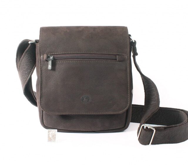 La Guêpe - Petite Maroquinerie - Sacoche bandoulière à rabat en cuir nubuck marron