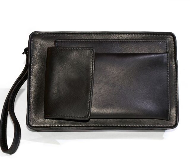 La Guêpe - Petite Maroquinerie - Sacoche homme en cuir noir lisse anse main 863