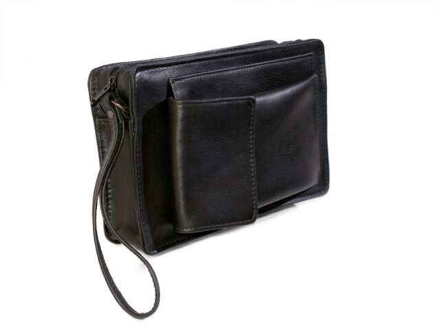 La Guêpe - Petite Maroquinerie - Sacoche homme en cuir noir lisse anse main 863