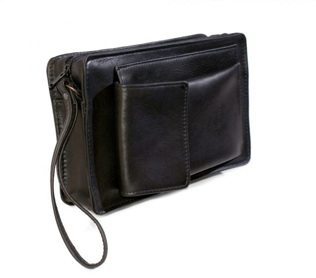 La Guêpe - Petite Maroquinerie - Sacoche homme en cuir noir lisse anse main 863