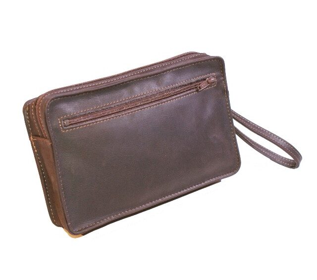 La Guêpe - Petite Maroquinerie - Sacoche homme en cuir marron lisse anse main 863