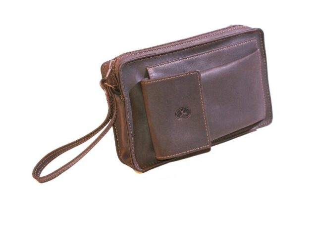 La Guêpe - Petite Maroquinerie - Sacoche homme en cuir marron lisse anse main 863