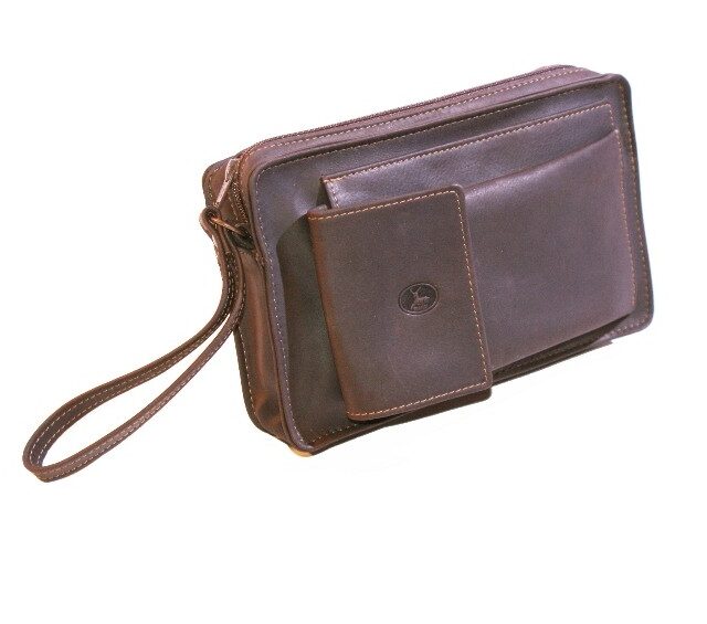 La Guêpe - Petite Maroquinerie - Sacoche homme en cuir marron lisse anse main 863
