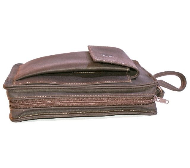 La Guêpe - Petite Maroquinerie - Sacoche homme en cuir marron lisse anse main 863