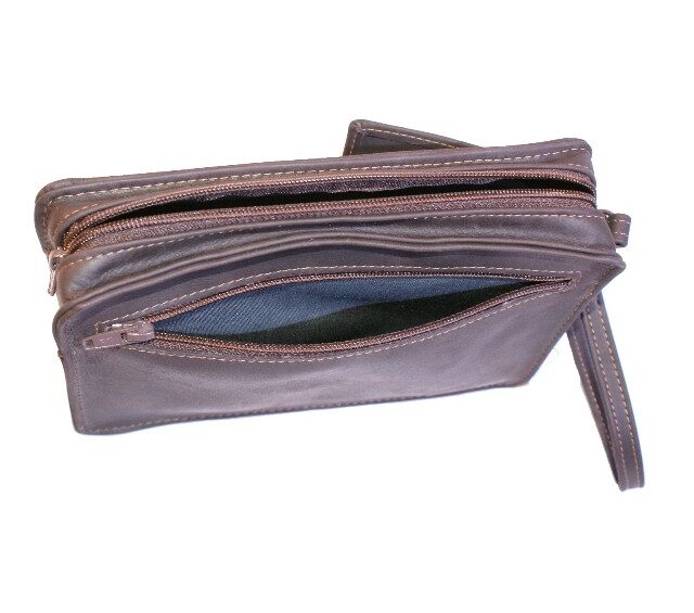 La Guêpe - Petite Maroquinerie - Sacoche homme en cuir marron lisse anse main 863