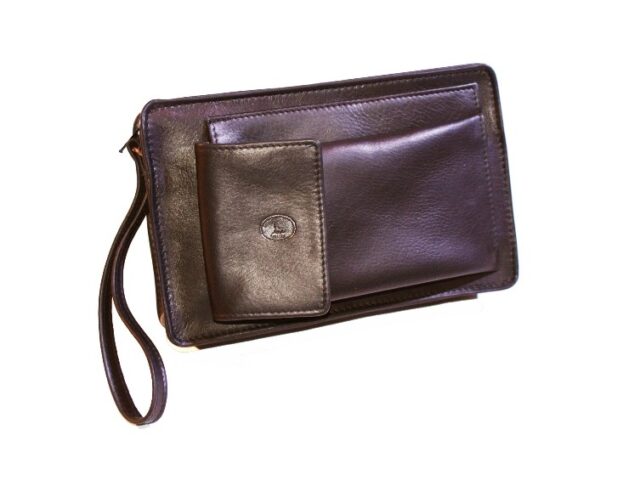 La Guêpe - Petite Maroquinerie - Sacoche homme en cuir marron lisse anse main 863