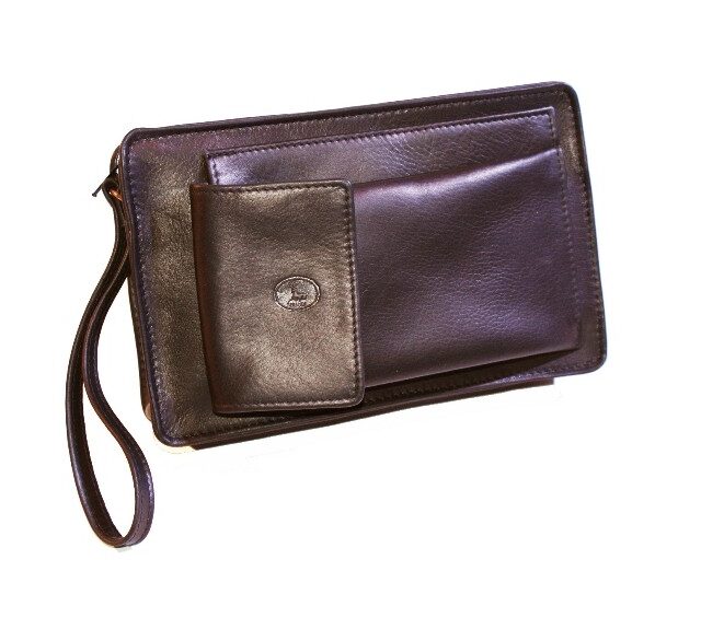 La Guêpe - Petite Maroquinerie - Sacoche homme en cuir marron lisse anse main 863