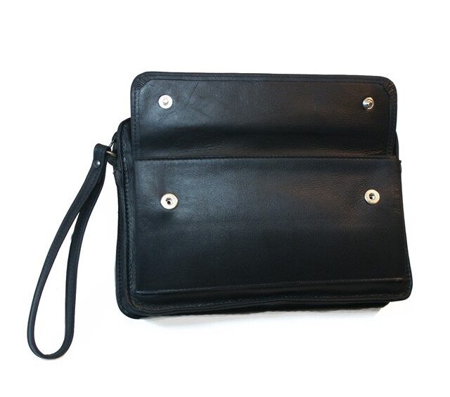 La Guêpe - Petite Maroquinerie - Sacoche en cuir noir avec dragonne