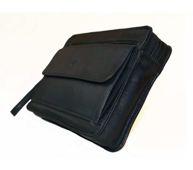 La Guêpe - Petite Maroquinerie - Sacoche en cuir noir avec dragonne