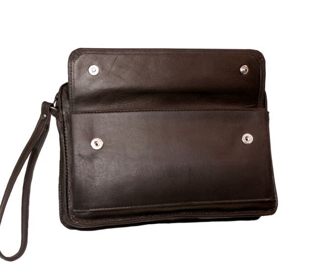 La Guêpe - Petite Maroquinerie - Sacoche en cuir marron avec dragonne