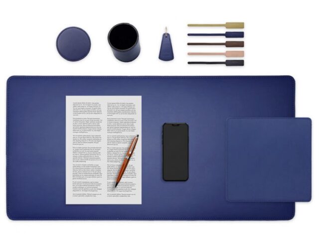 LAVOISIER Maroquinier - Set de bureau bleu – SM500-80×40 – TS500 – PC500 – SV500 – P-clé triangle – 5x tags