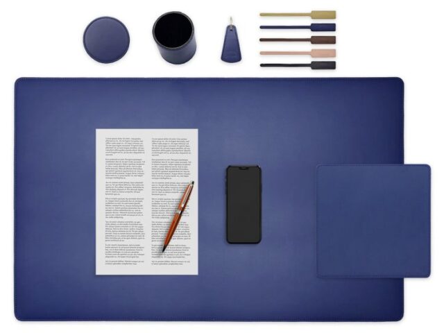 LAVOISIER Maroquinier - Set de bureau bleu – SM500-80×50 – TS500 – PC500 – SV500 – P-clé triangle – 5x tags