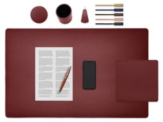 LAVOISIER Maroquinier - Set de bureau bordeaux – SM500-80×50 – TS500 – PC500 – SV500 – P-clé triangle – 5x tags