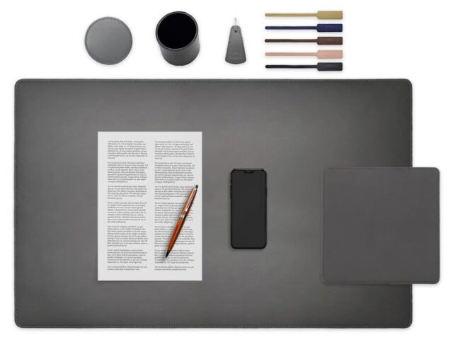 LAVOISIER Maroquinier - Set de bureau gris – SM500-80×50 – TS500 – PC500 – SV500 – P-clé triangle – 5x tags