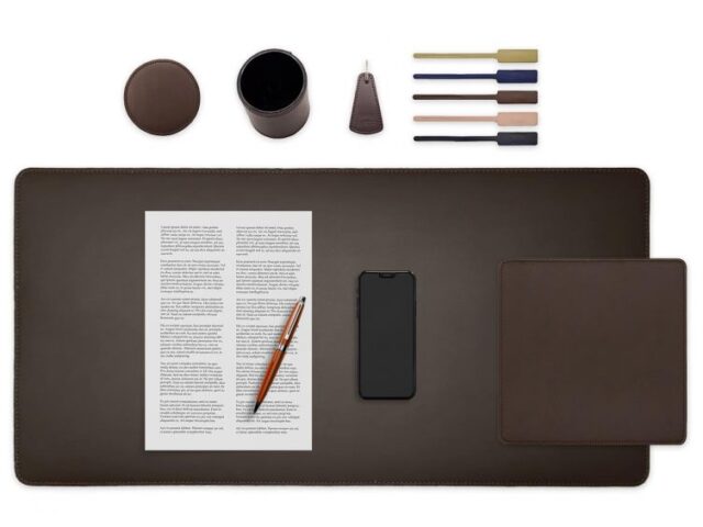 LAVOISIER Maroquinier - Set de bureau marron foncé – SM500-80×40 – TS500 – PC500 – SV500 – P-clé triangle – 5x tags