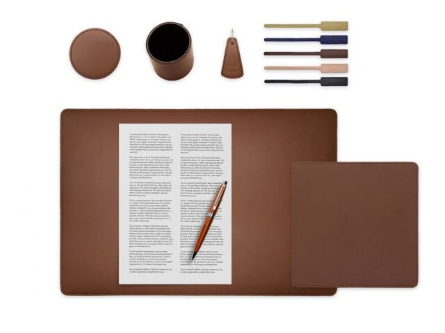 LAVOISIER Maroquinier - Set de bureau marron – SM500-50×34 – TS500 – PC500 – SV500 – P-clé triangle – 5x tags