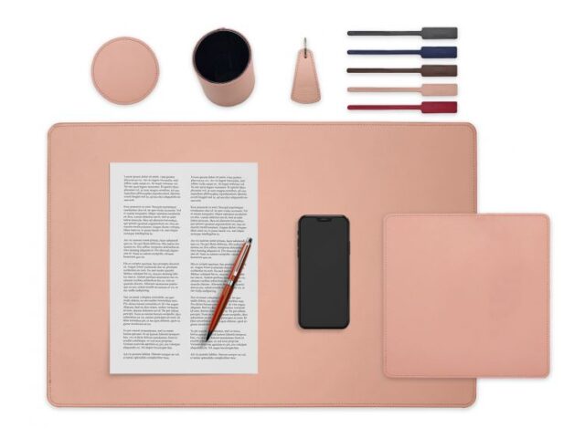 LAVOISIER Maroquinier - Set de bureau rose – SM500-60×40 – TS500 – PC500 – SV500 – P-clé triangle – 5x tags