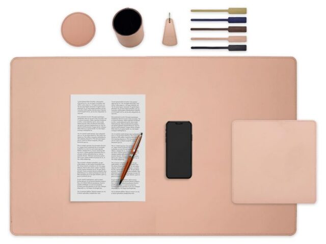 LAVOISIER Maroquinier - Set de bureau rose – SM500-80×50 – TS500 – PC500 – SV500 – P-clé triangle – 5x tags