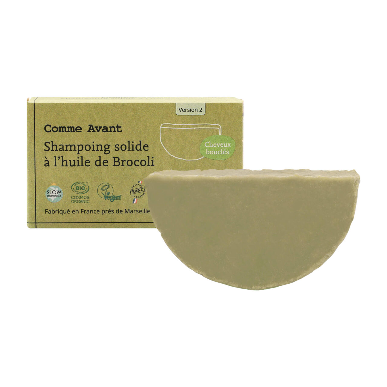 shampoing brocoli packshot produit comme avant Comme Avant - Shampoing solide cheveux colorés ou bouclés à l'huile de brocoli - Version 2 – 1 demi-pain - 210g