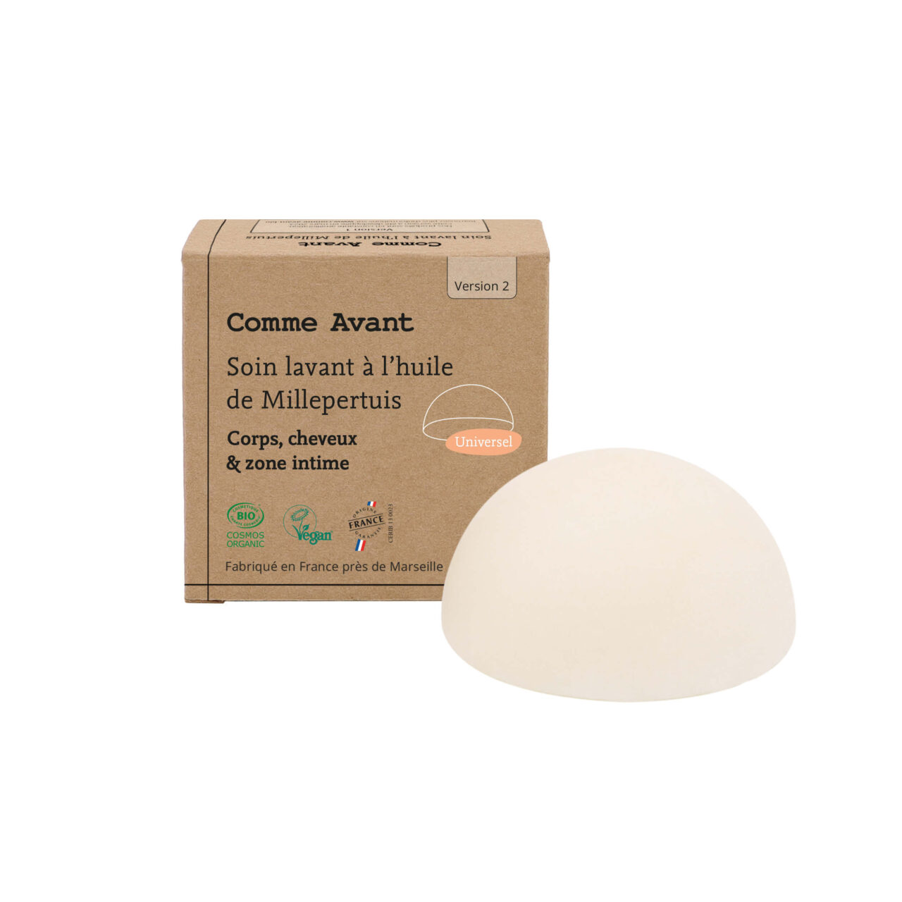 soin lavant millepertuis solide packshot recto comme avant Comme Avant - Soin lavant hygiène intime solide à l’huile de Millepertuis - Version 2 – 1 soin lavant intime - 50g