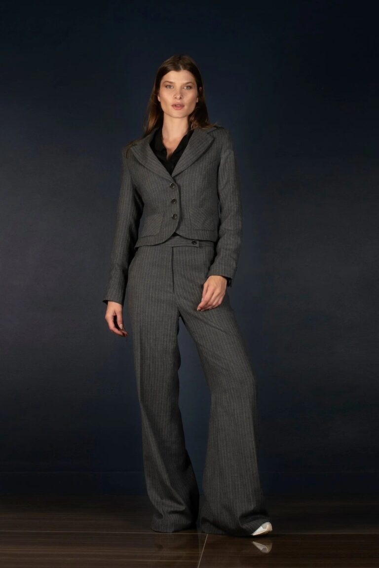 My tailor is Joh - Tailleur Femme Veste Pantalon Large Laine Gris à rayures - Certitude