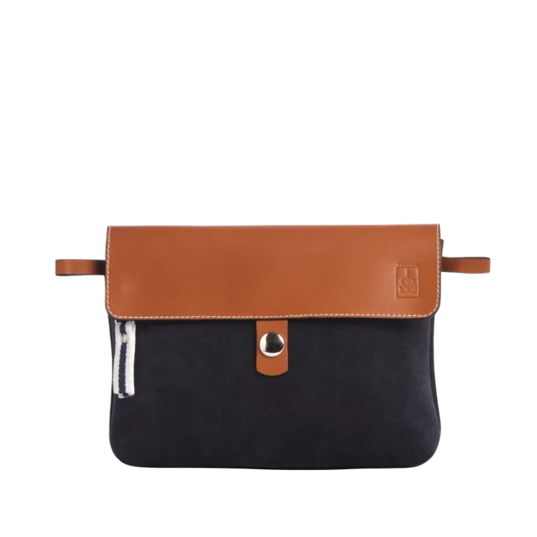 TUSSOR - Pochette Compagnon Cuir Velours Bleu Marine