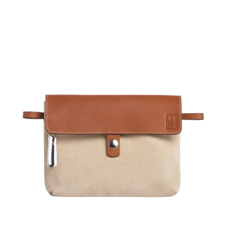 TUSSOR - Pochette Compagnon Cuir Velours Grège