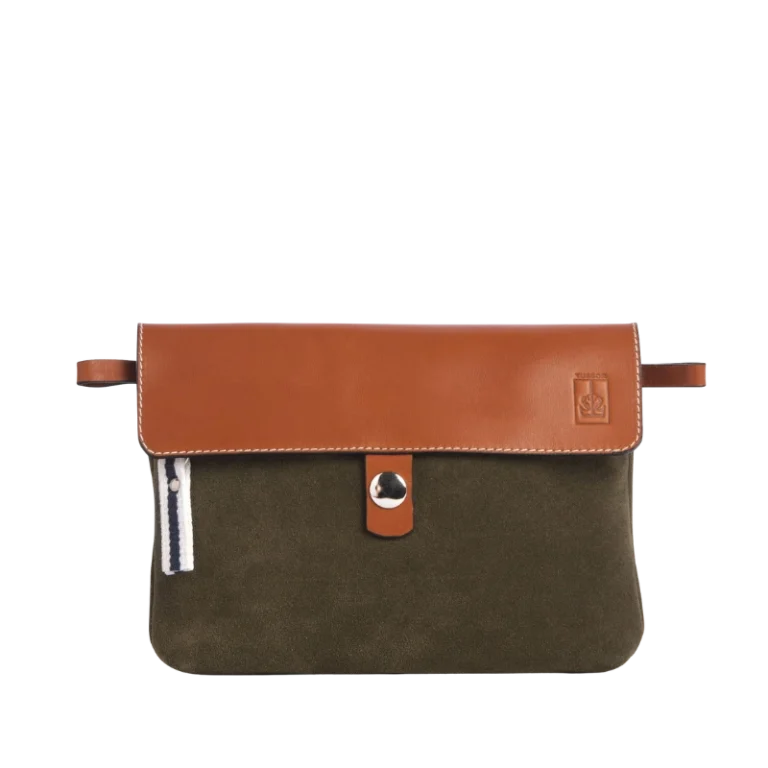 TUSSOR - Pochette Compagnon Cuir Velours Kaki