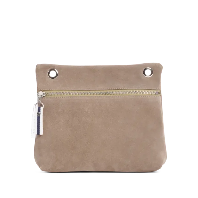 TUSSOR - Pochette Yole Cuir Velours Galet