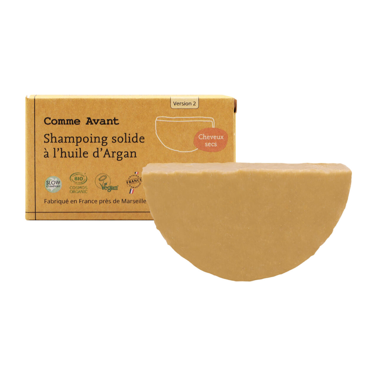 shampoing argan packshot produit Comme Avant - Shampoing solide cheveux secs ou abimés à l'huile d'argan - Version 2 – 1 demi-pain - 210g