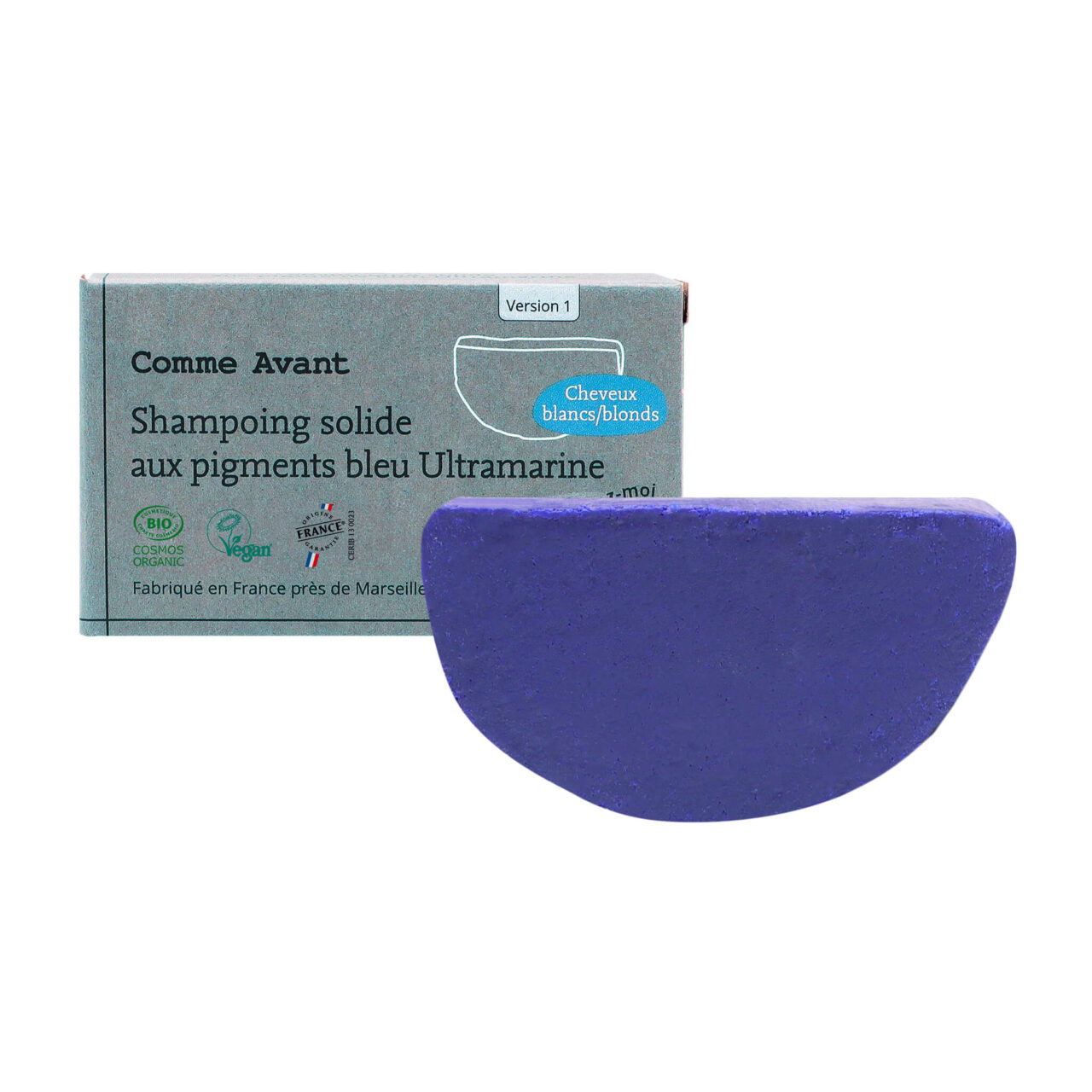 shampoing bleu packshot2 produit comme avant Comme Avant - Shampoing solide cheveux blonds blancs aux pigments bleu Ultramarine - Version 1 – 1 demi-pain - 210g