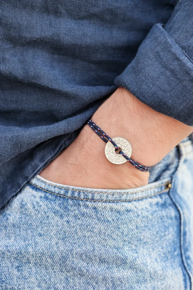 Le sou français - bracelet corde et pièce percée