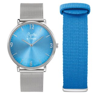 Menthe à l’eau - Coffret Montre Mixte L’Imprévu fond bleu turquoise maille chromée + n