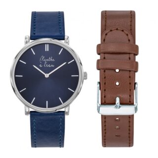 Menthe à l’eau - Coffret Montre Mixte L’Indécise façon cuir bleu fond bleu + façon cu