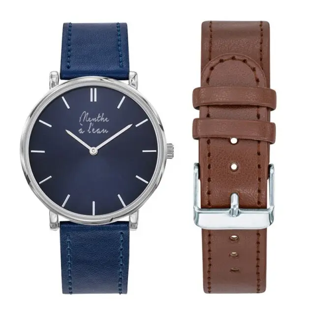 Menthe à l’eau - Coffret Montre Mixte L’Indécise façon cuir bleu fond bleu + façon cu