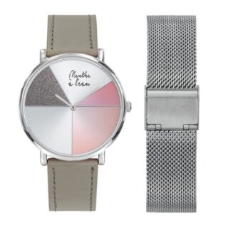 Coffret Montre Mixte L’Indécise façon cuir gris rose design + maille par la marque Menthe à l’eau Menthe à l’eau - Coffret Montre Mixte L’Indécise façon cuir gris rose design + maille