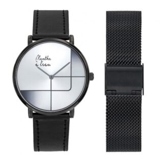 Coffret Montre Mixte L’Indécise façon cuir noir gris design + maille par la marque Menthe à l’eau Menthe à l’eau - Coffret Montre Mixte L’Indécise façon cuir noir gris design + maille