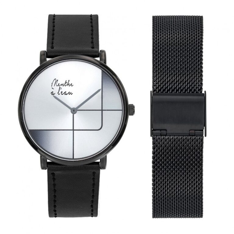 Menthe à l'eau - Coffret Montre Mixte L'Indécise façon cuir noir gris design + maille