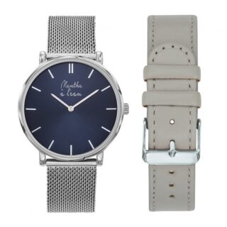 Menthe à l’eau - Coffret Montre Mixte LIndécise maille chromée fond bleu + façon cuir gris chromée