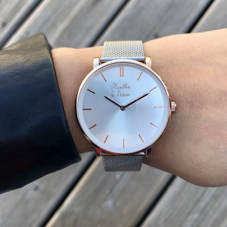 Menthe à l'eau - Coffret Montre Mixte L'Indécise maille chromée fond soleillé + façon cuir marron rose dorée – Gris