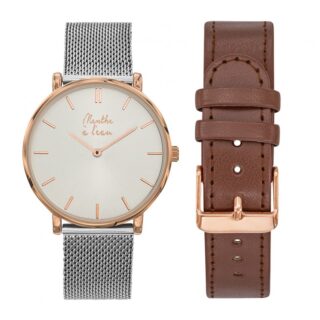 Menthe à l’eau - Coffret Montre Mixte LIndécise maille chromée fond soleillé + façon cuir marron rose dorée